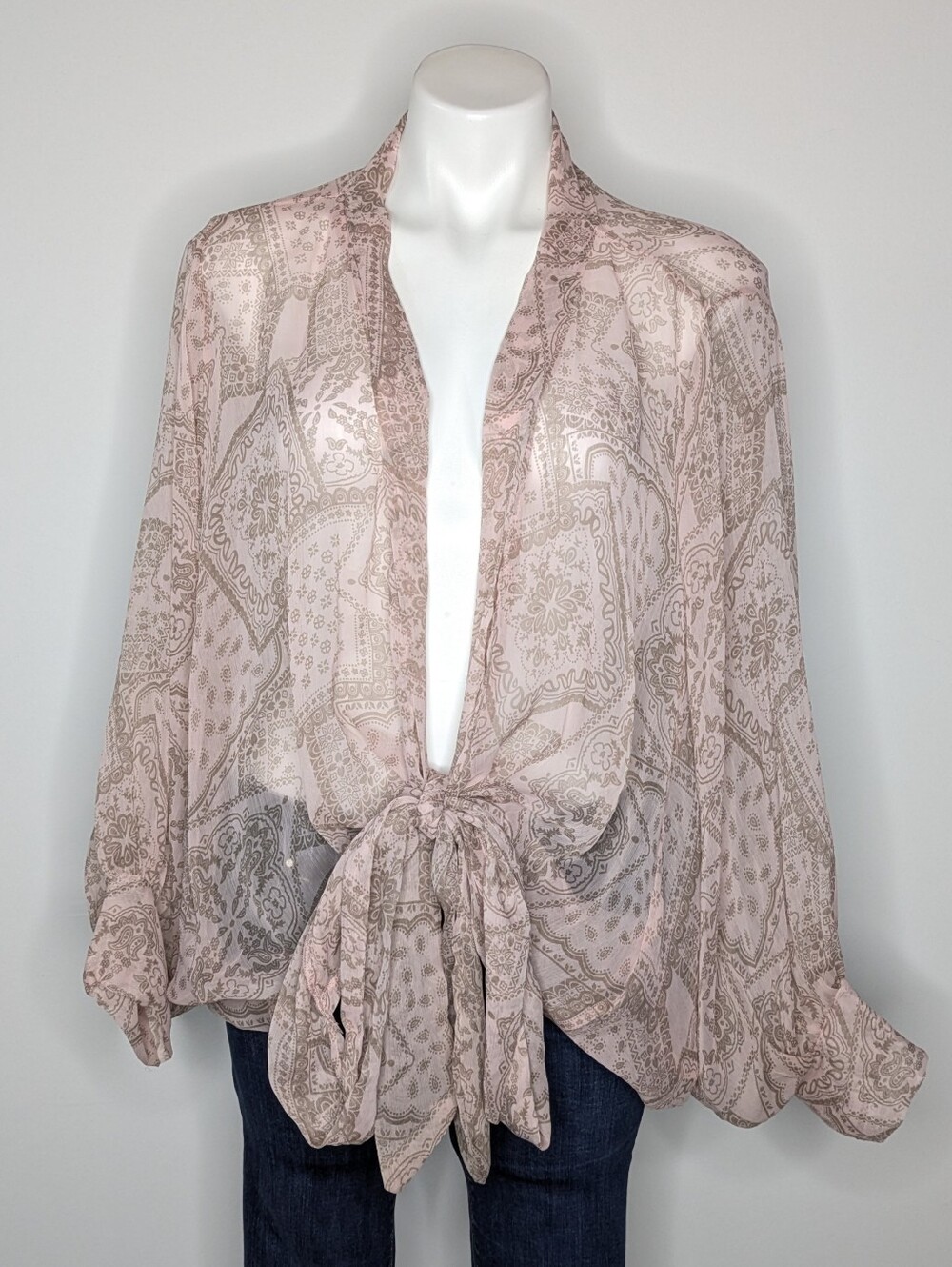 NWT Free People Golden Hour Bandana Print Pink Tan Sheer Bat Wing Tie Front Top